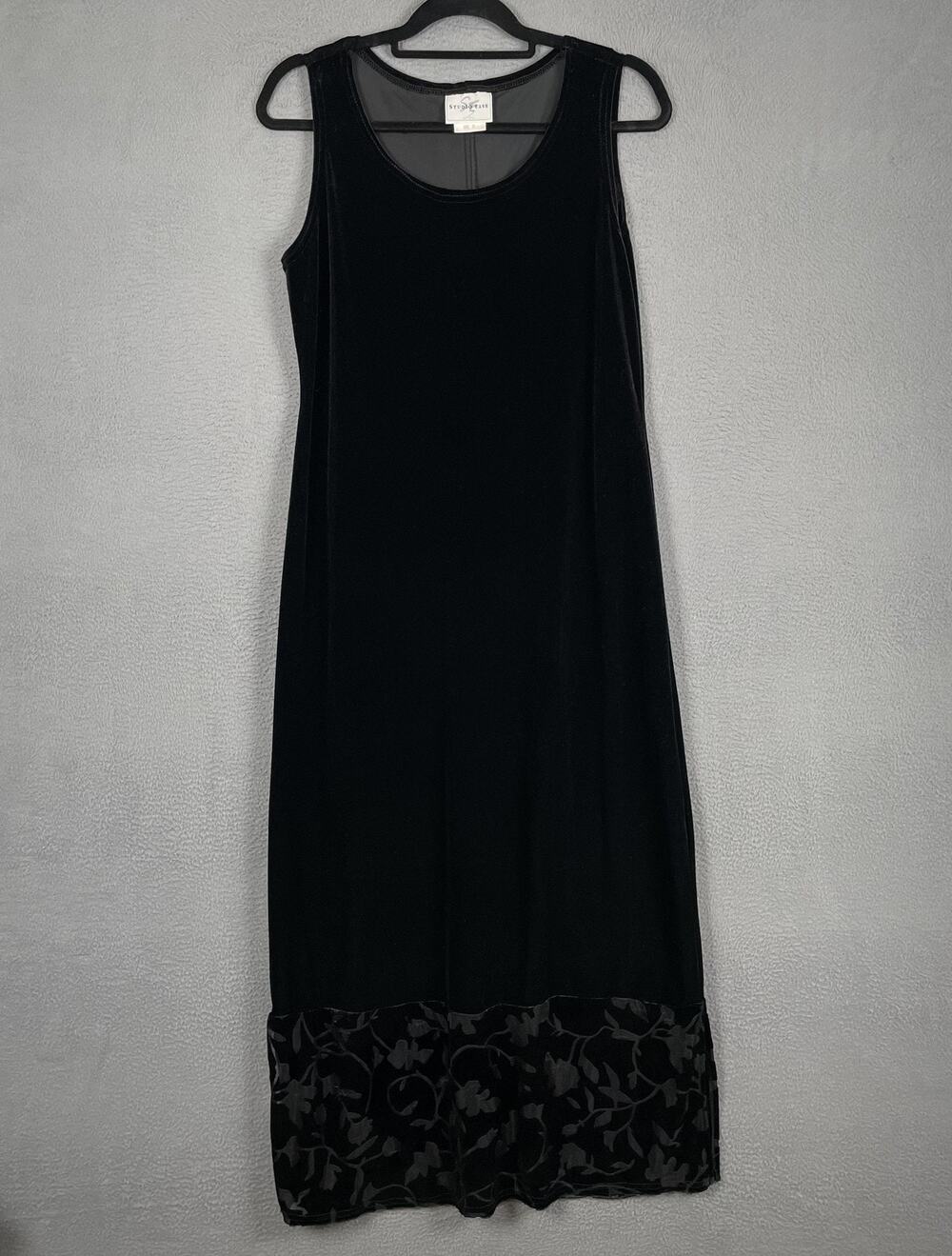 Studio Ease Dress Womens 10 Black Velvet Maxi Tank Scoop Neck Floral Formal